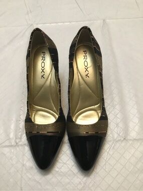 Proxy Black Brown Pointed Toe Pumps Gold Insole Size 6.5